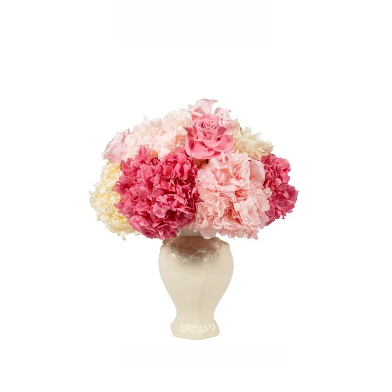 Eternal flower rose hydrangea milky white ceramic vase, home decoration living room housewarming birthday