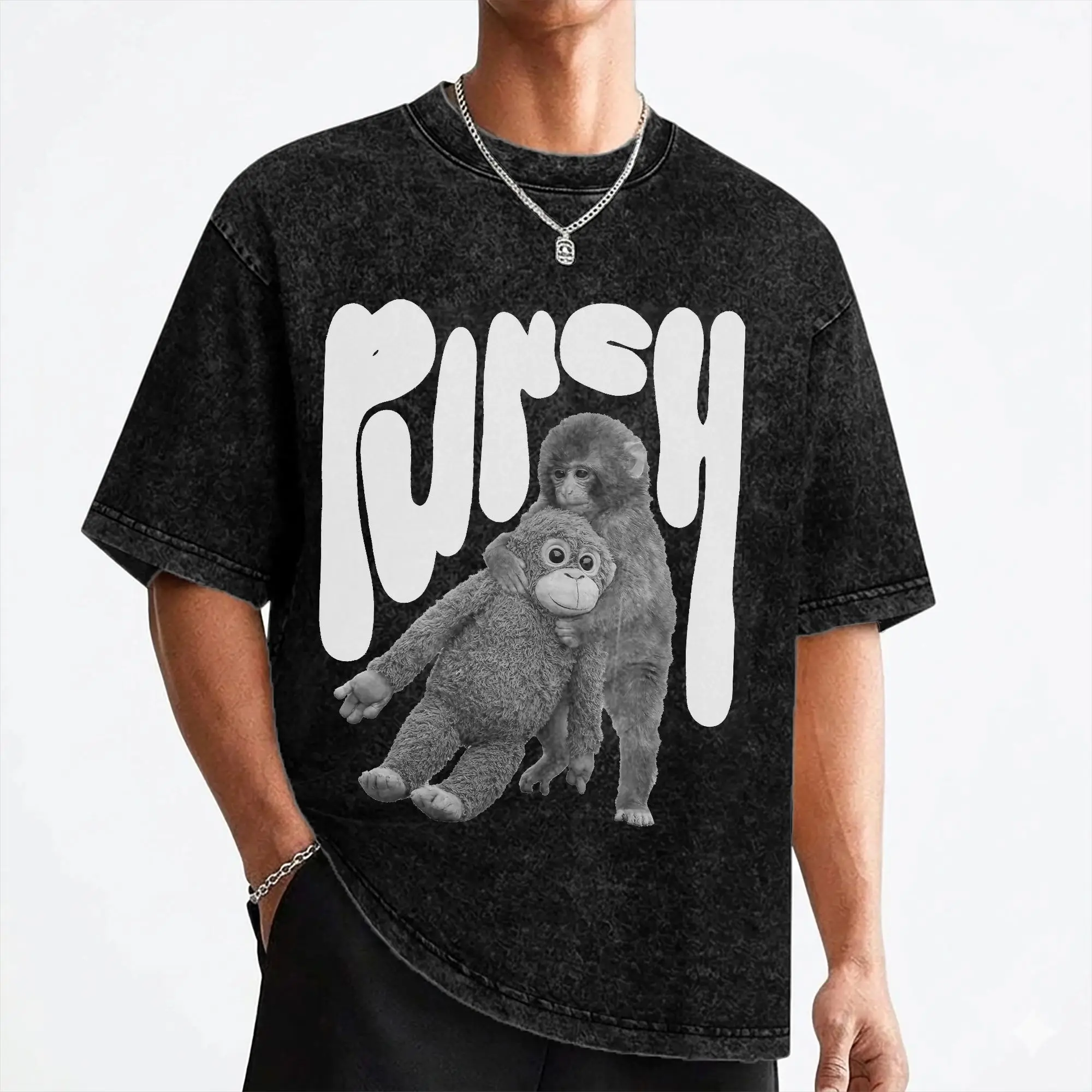 Punch Baby Monkey T Shirt Washed Short Sleeve Harajuku T-Shirt  Fashion Men Women Streetwear Graphic Printed Tees