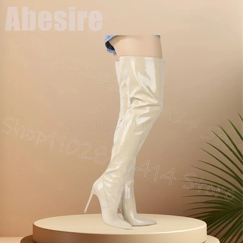 Beige Spitzschuh Lackleder Oberschenkelhohe Stiefel Seitlicher Reißverschluss Damenschuhe Dünne High Heels Party Bankett 2025, Zapatos Para Mujere