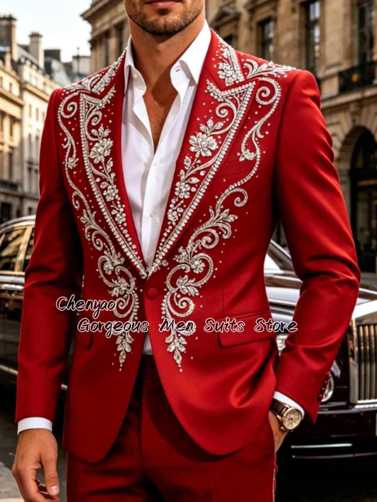 Luxury Crystal Beaded Floral Pattern Men Suits High-end Customized Groom Tuxedos Elegant Male Prom Blazer 2Pcs Sets ropa hombre