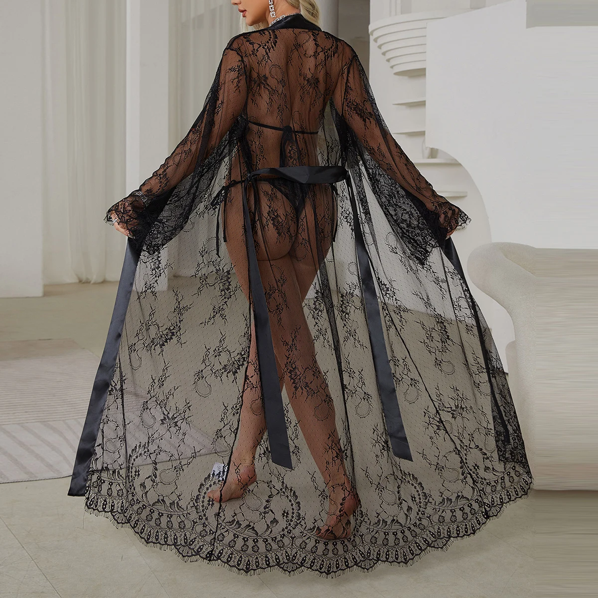 

Long SleevesTransparent Lingeries Sexy Hot New Lace Temptation Nightgown For Women Black Erotic Costum Adult Female Wholesale
