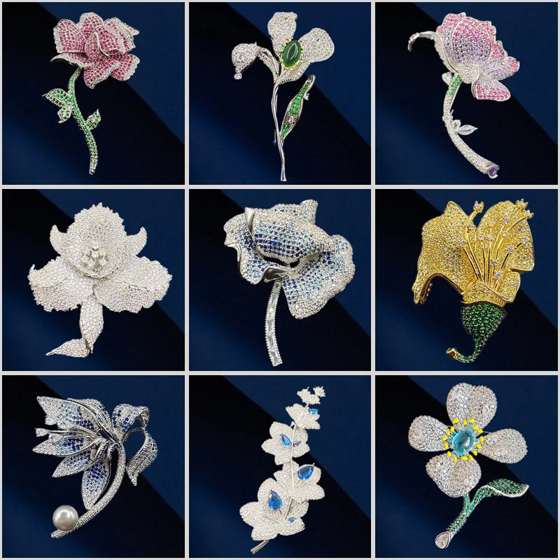 

Winter New High-end Inlaid with Zircon Flower Brooch Luxury Design Iris Rose Orchid Corsage Clothing Accessories Pin Women Gifts