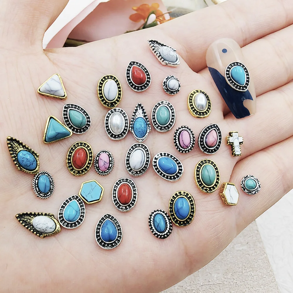 20pcs Mixed Western 3D Vintage Turquoise Blue Green Gemstone Nail Charms Cowboy Decoration for Manicure DIY Accessories Craft