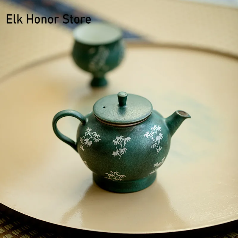 

170ml Handmade Green Tracing Silver Teapot Bamboo Shadow Palace Lamp Pot Chinese Tea Maker Kettle Filter Tea Services Collection
