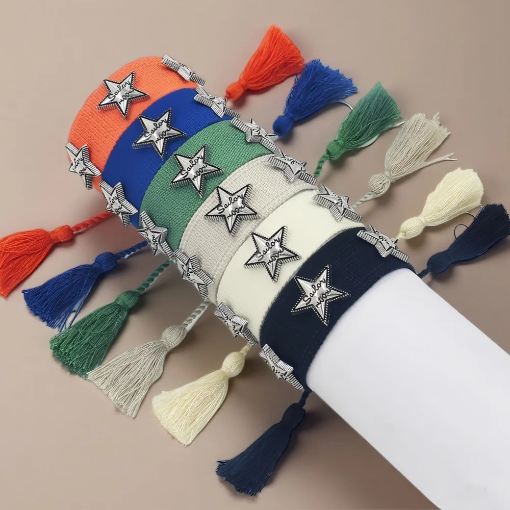 Vintage-Armband mit Sternnieten, handgefertigt, gewebtes Seilarmband mit Quasten für Damen und Herren, zum Kombinieren, Armreif, Handkette, Modeschmuck, Großhandel – Detail 5