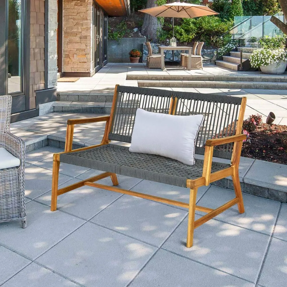 

2-Person Patio Acacia Wood Bench Loveseat, Outdoor Patio Rope Bench in Teak Oil Finish, for Balcony Deck Poolside Porch