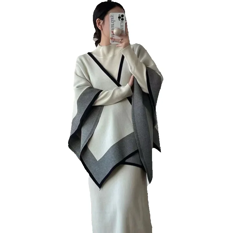 

Осенне-зимний вязаный костюм с юбкой, женский костюм 2025 года, новая мода, свободное повседневное вязаное платье с шалью, женский костюм из двух предметов