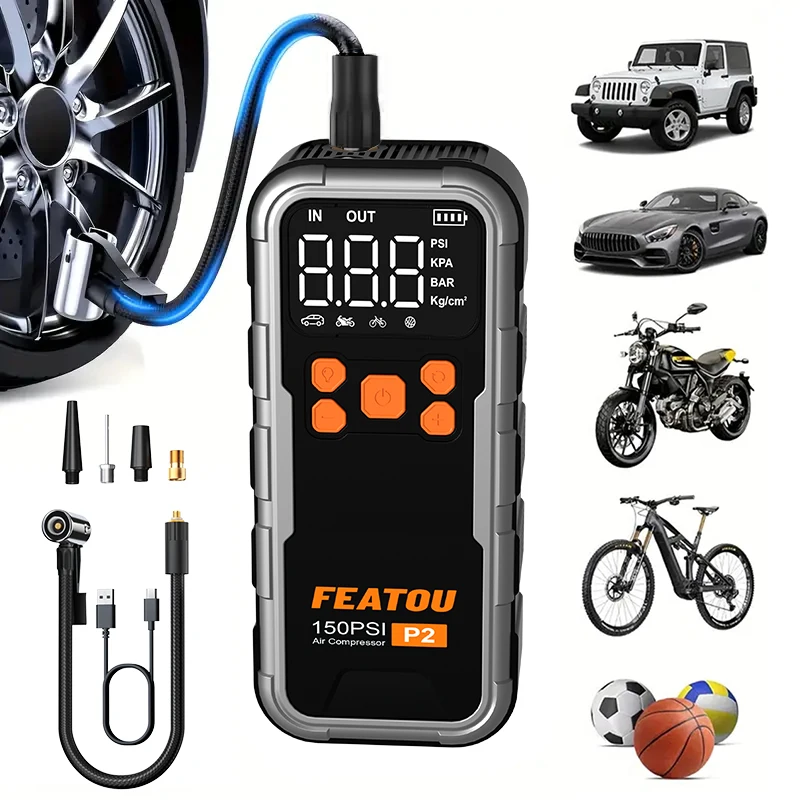 

FEATOU-Tire Inflator Portable Air Compressor, Fast Cordless Air Pump, Digital DisplayWith Multi-function Nozzle Adapter And Long