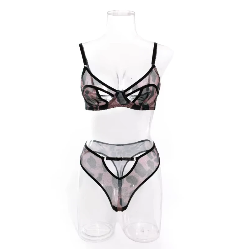 

Sexy ultra-thin hollow leopard print bikini lingerie with underwire bra, two-piece set for women