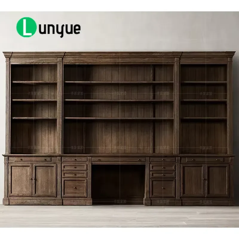 American Retro High End All Solid Wood Bookcase Desk Sturdy Integrated Design For Family Farmhouse Apartment Warehouse