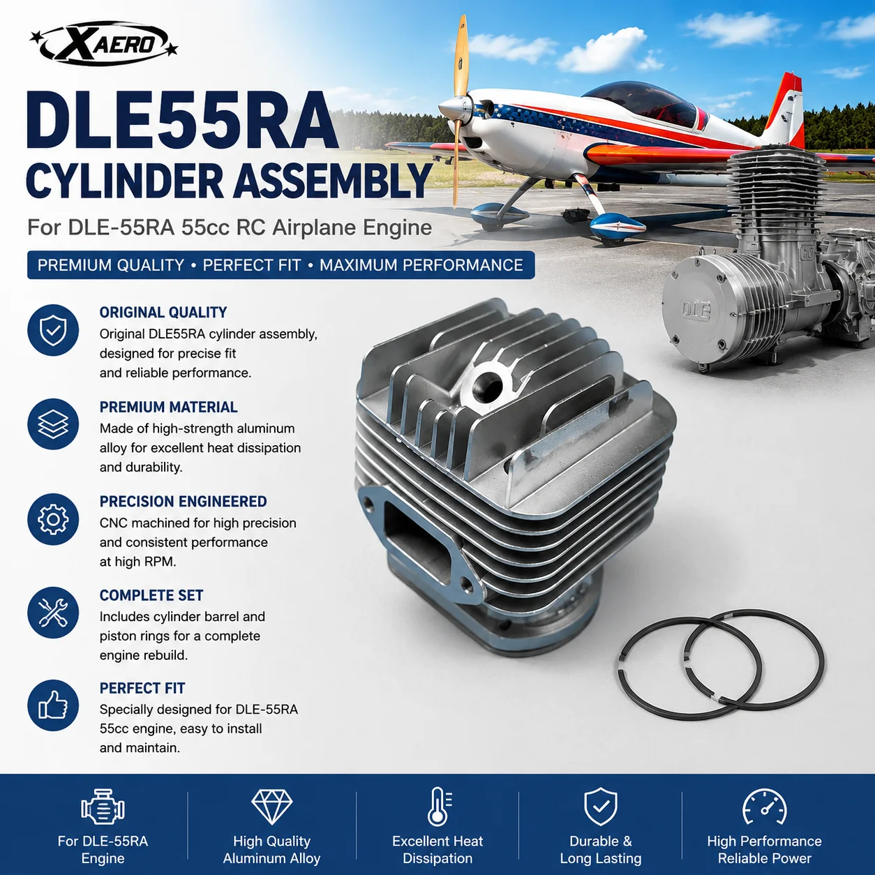 Original DLE55RA Cylinder Assembly for DLE-55RA Engine 55cc RC Airplane, Aluminum Alloy Cylinder Barrel Piston Ring Set