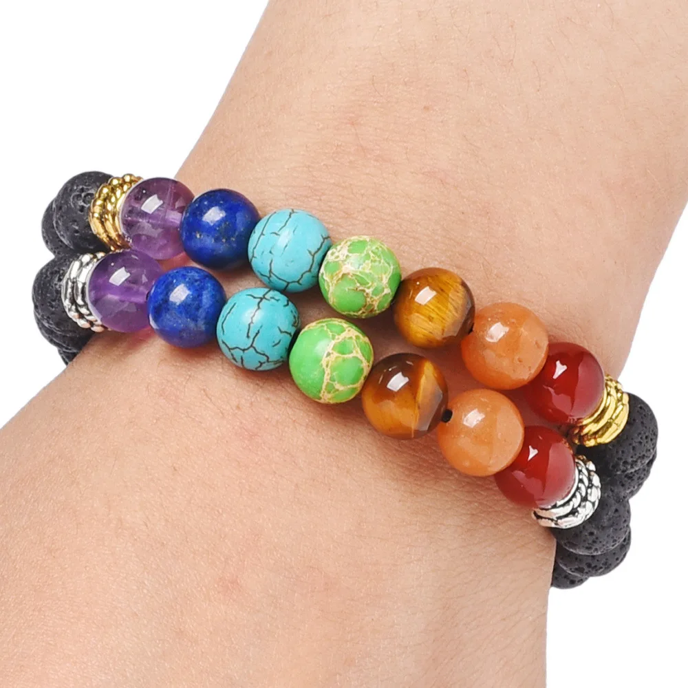 7 Chakra Lebensbaum Charm-Armbänder Herren Lava-Steine Perlen Geflochtenes Seil Handgefertigtes Armband Damen Yoga Schmuck Accessoires – Detail 6
