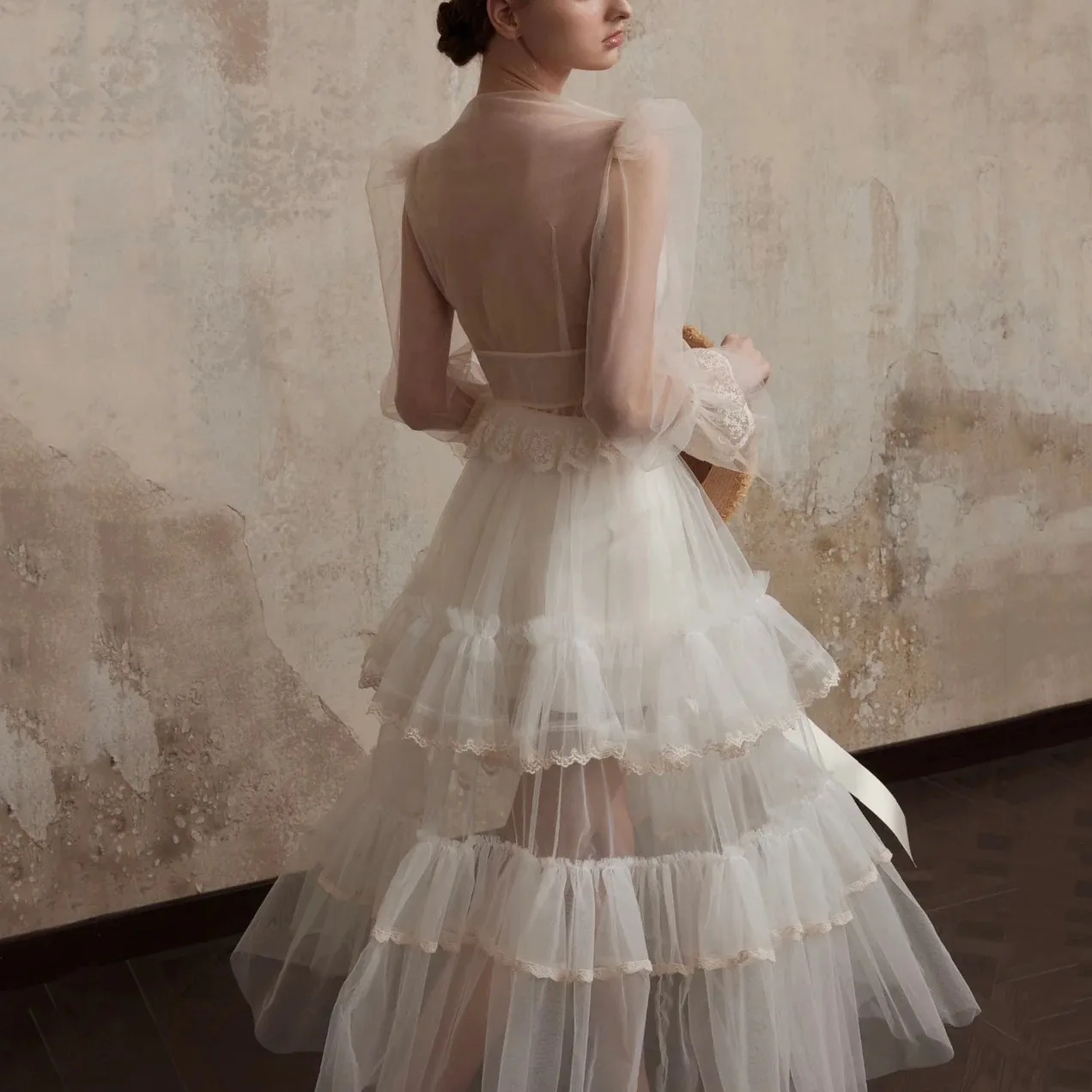 Tulle Customized Wedding Dresses V Neck Long Sleeves Bridal Gowns Illusion A Line Bridal Robes Vestido De Novia