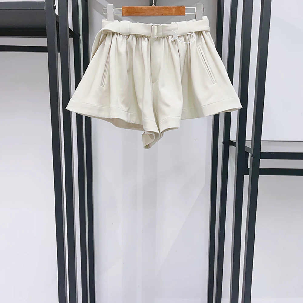 Women High Waist Wide Leg Shorts With Belt Elastic Waist Zipper Pockets Loose Fit Casual Office Streetwear Ladies Short Pants