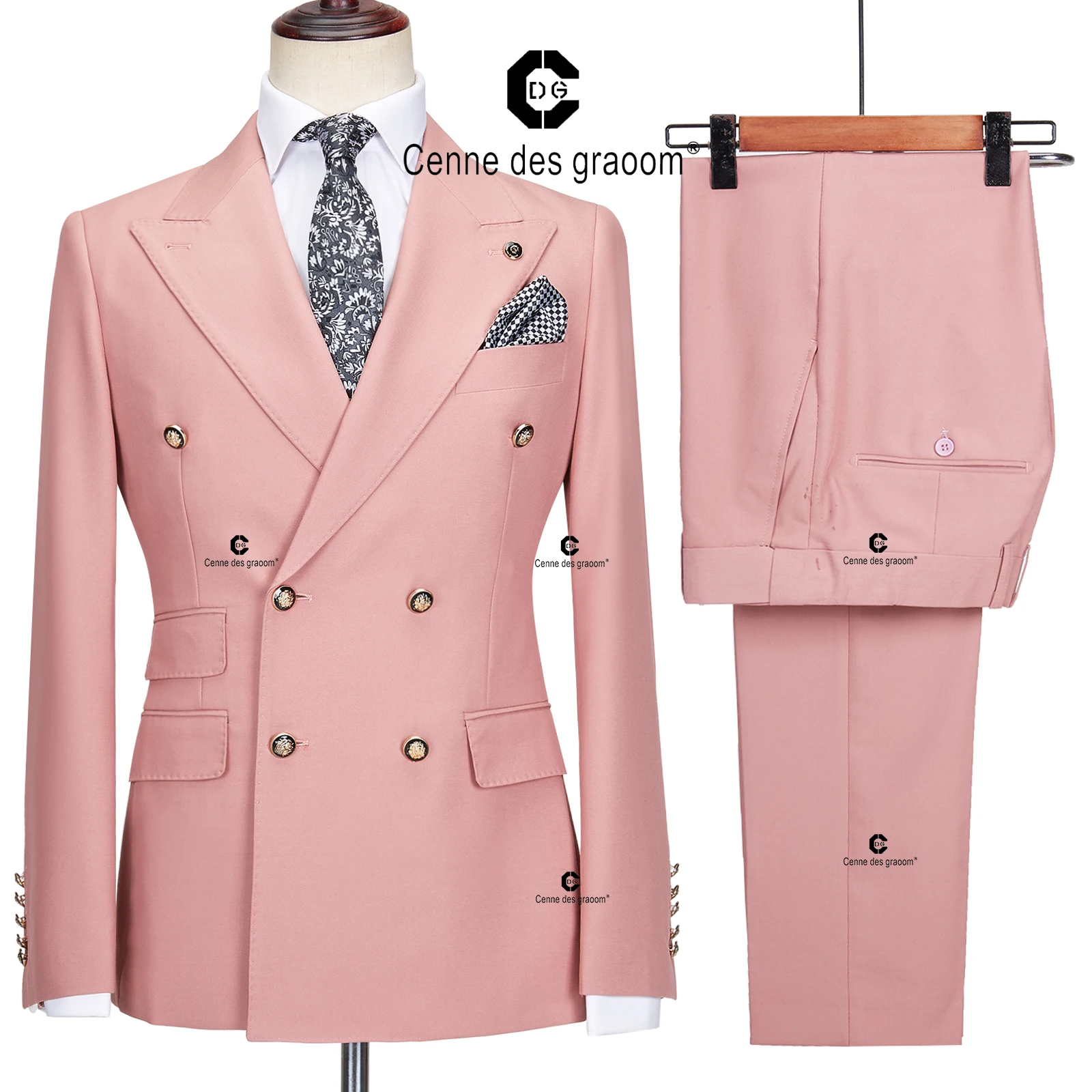 Cenne Des Graoom 2023 New Elegant Men Suit Double Breasted Two Pieces Set Slim Fit High Quality Wedding Party Costume Pink