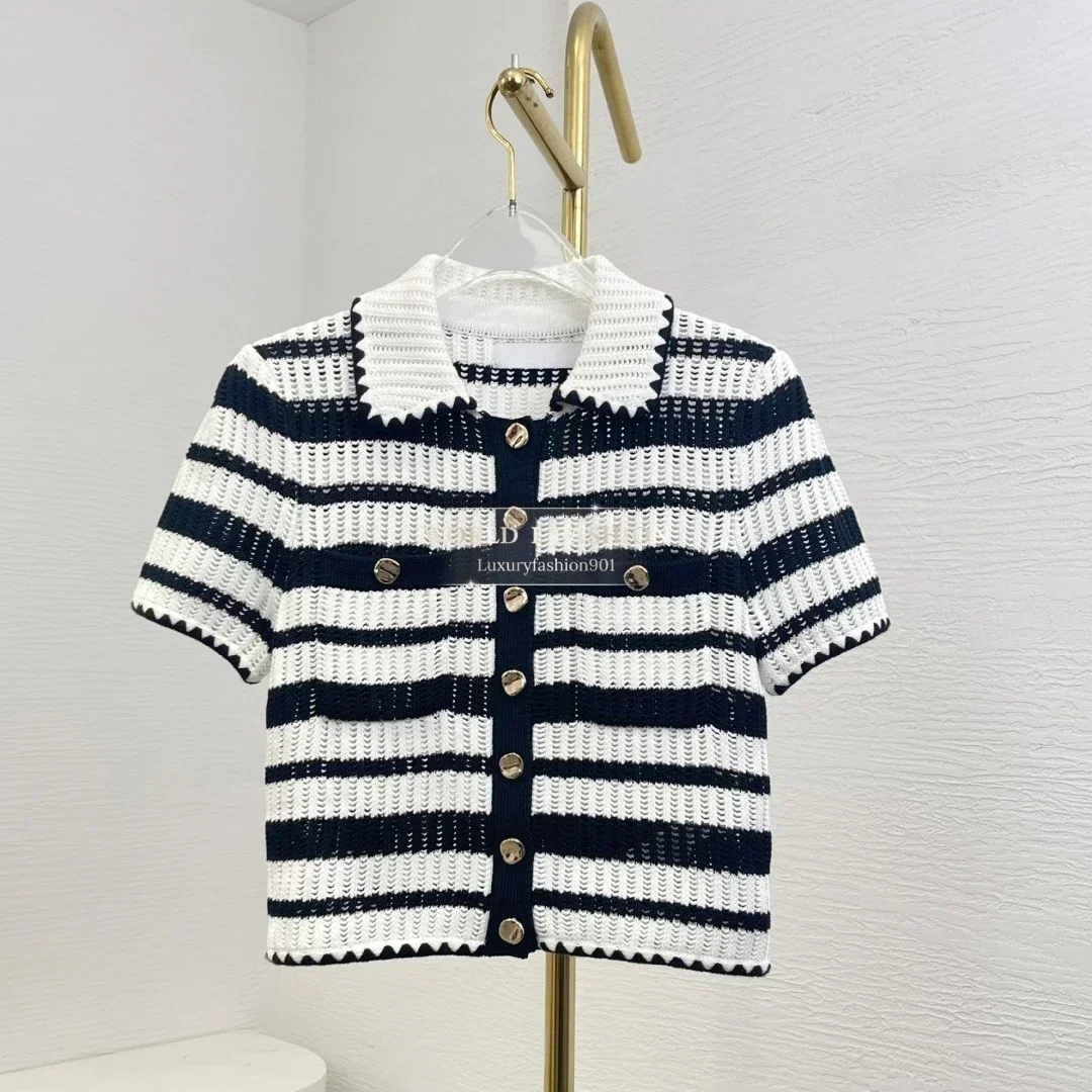 

2025 New Beautiful White Short Sleeve Stripes Weaving Knit Blouse Tops