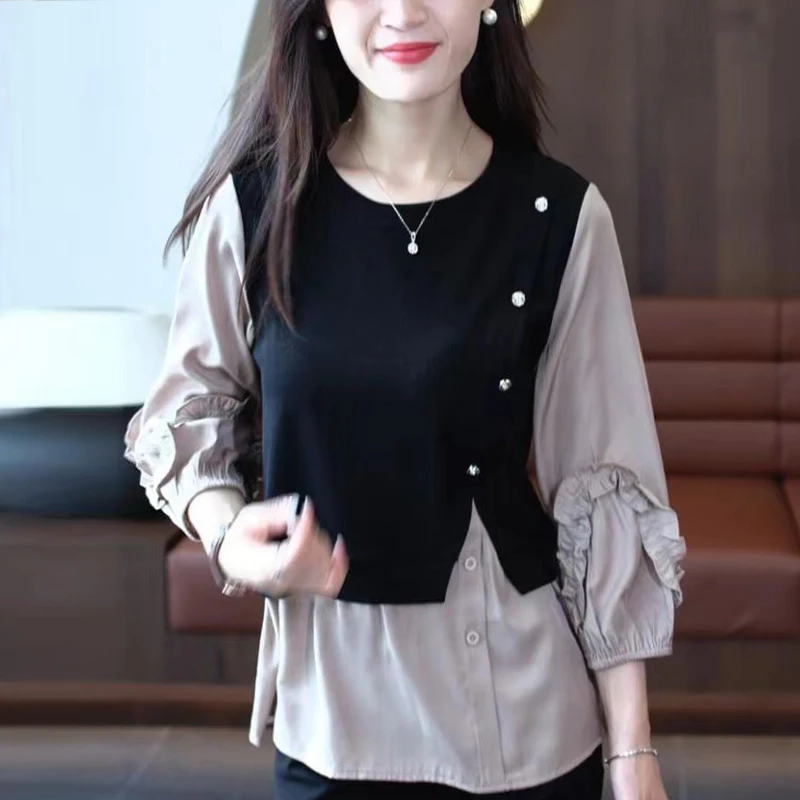 

Office Lady Casual Round Neck Fake Two Pieces Blouse Spring Autumn All-match Patchwork Stylish Button Female Ruffles Loose Shirt