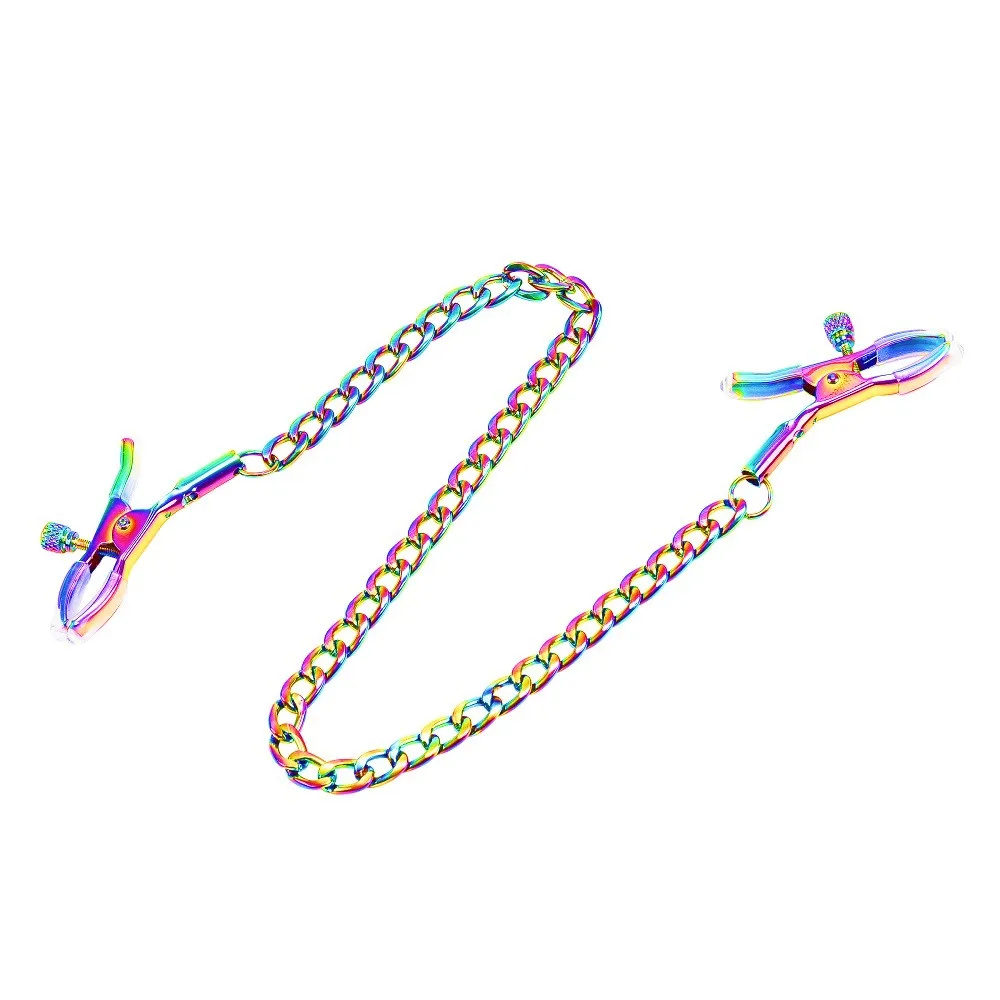 Colorful Metal Nipple Clamps With Chain Set Woman Rainbow Nipple Clips Breast Bondage Restraint Slave Fetish Female Sex Toy