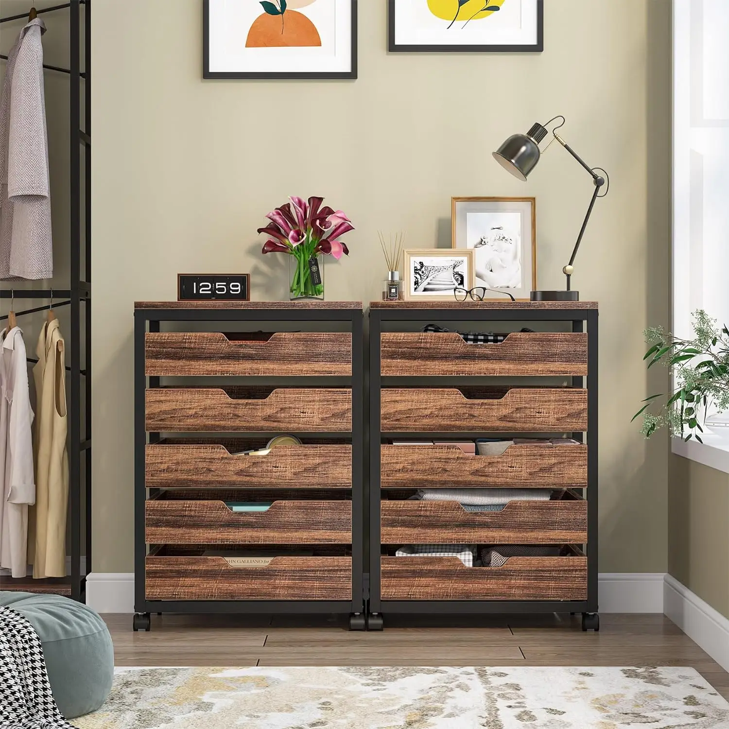 

5 Drawer Chest, Wood Storage Dresser Cabinet with Wheels, Industrial Storage Drawer Organizer Cart for Office Bedroom