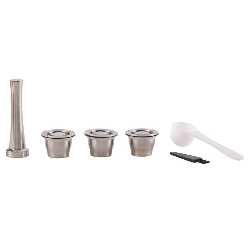 Capsules Reusable, Stainless Steel, 3 Pieces Refillable Pads For Nespresso + 1 Tamper + 1 Spoon + 1 Brush