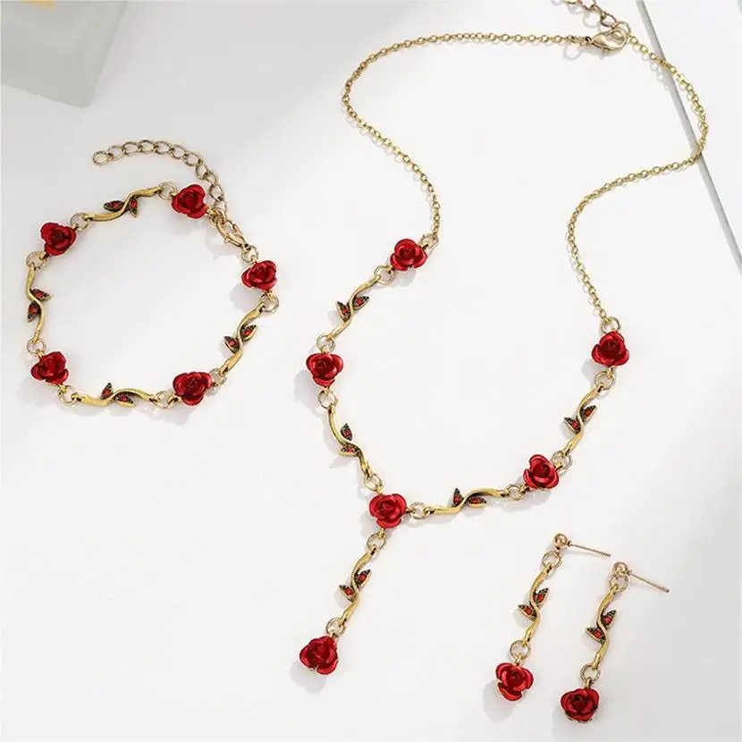 Vintage French Red Rose Flower Necklace Bracelet Set for Women Fashion Romantic Clavicle Chain Necklace Engagement Jewelry Gifts