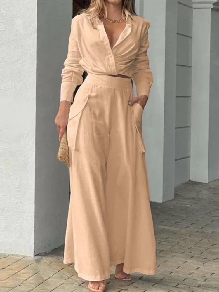 

New Spring Summer Women's Simple And Elegant Solid Color Suit Commuting Pocket Long-sleeved Top Wide-leg Trousers Two-piece Set
