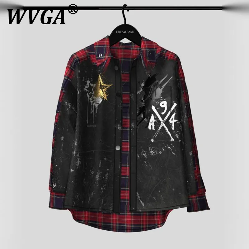 

WVGA Shirts Spring Autumn New Man Tide High Street Patchwork Plaid Trendy Niche Chic Casual Vintage Printed Shirt Ins Y2K W11135