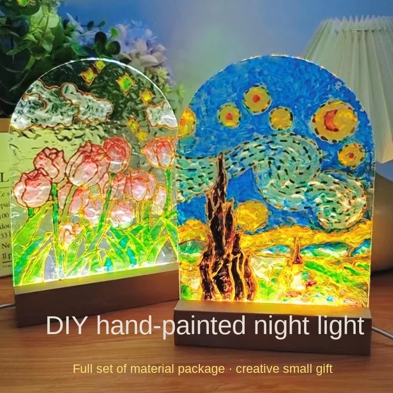 Glass Drawing Board Handmade Diy Homemade Hand-painted Small Night Light Children's Room Painting Coloring Painting Table Lamp