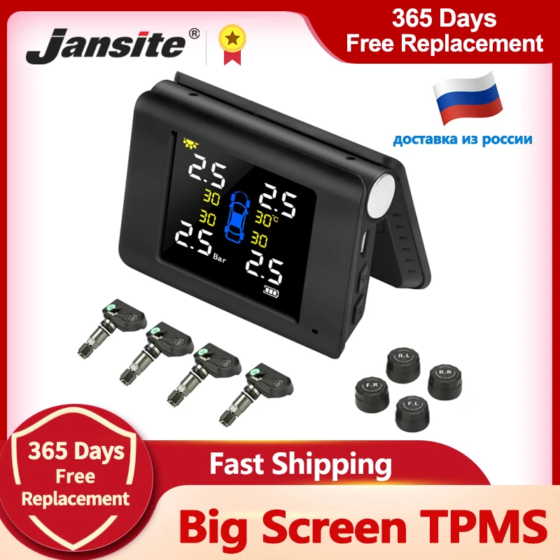 Jansite TPMS Wireless Car Tire Pressure Monitoring Intelligent System Solar Power LED Display with 4 Built-in or External Sensor