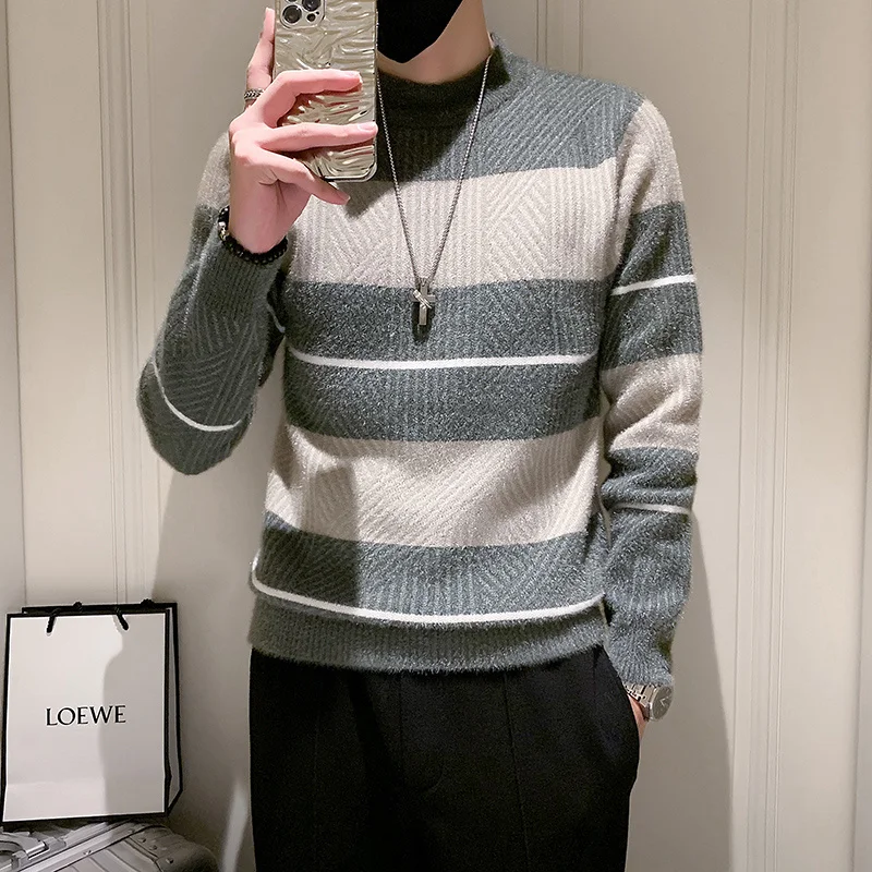 

O-Neck Pullover Korean Sweater Color Contrast Geometry Striped Print Knitted Men Pull Homme Fall Winter Brand