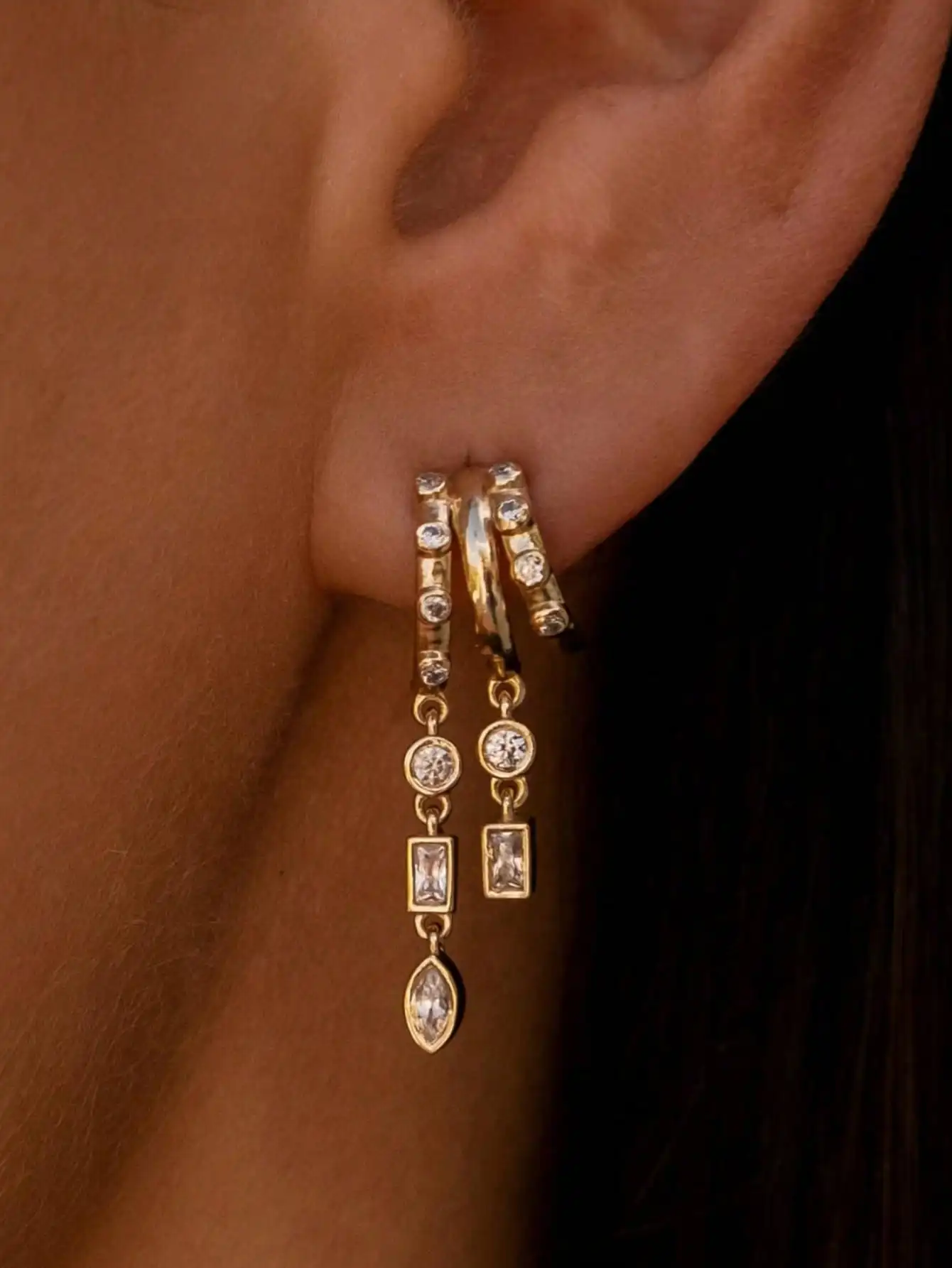 

14K Gold Plated Multi Layer Teardrop Dangle Earrings Circular Long Triple Stud Women Jewelry