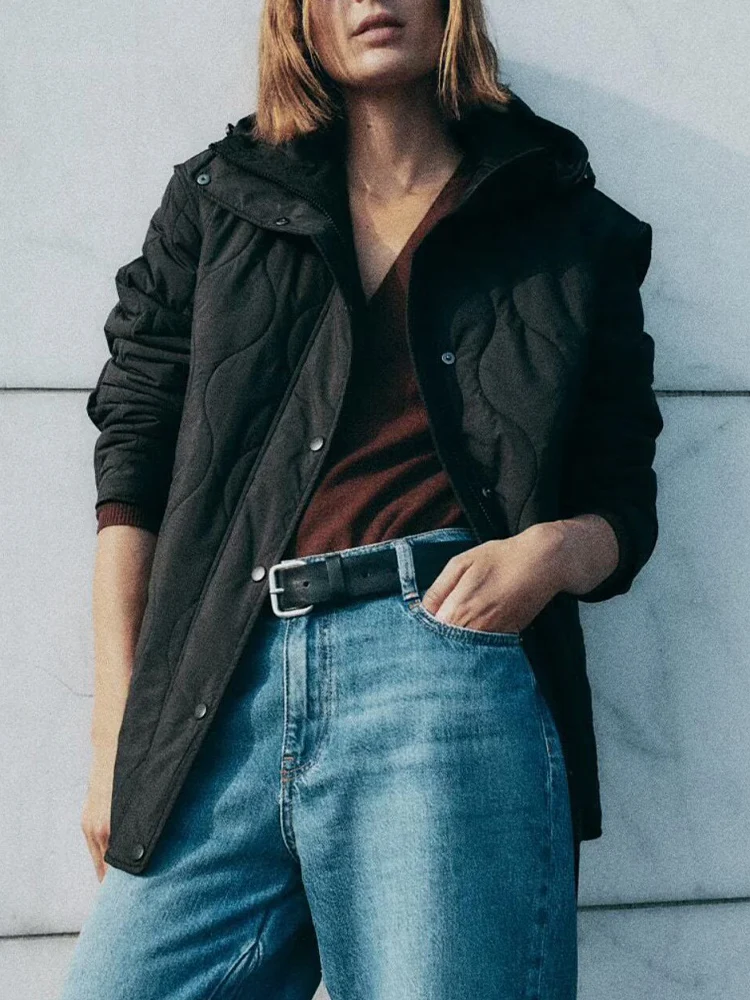 

Новое осенне-зимнее женское повседневное теплое свободное хлопковое пальто с капюшоном средней длины, стеганая куртка с ромбовидным узором