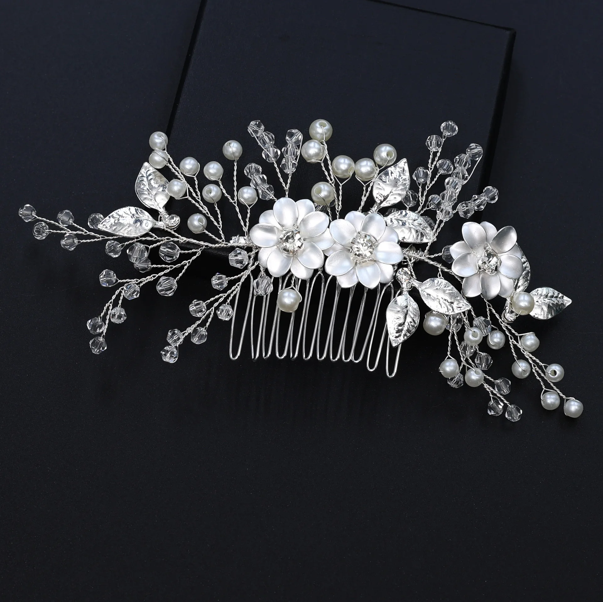 Silver Color Hair Comb Bride Tiaras Headdress Floral Pearl Hairpin Girls Prom Crown Wedding Hair Jewelry Party Gift For Women
