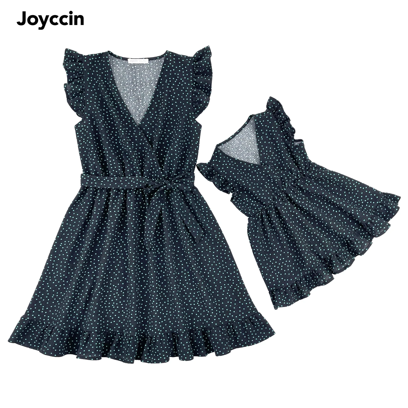 Joyccin 여성 꽃 프린트 A 라인 원피스 어머니 키즈 크로스 랩 브이넥 의류, 러플 반팔, 세련된 캐주얼 휴가 원피스