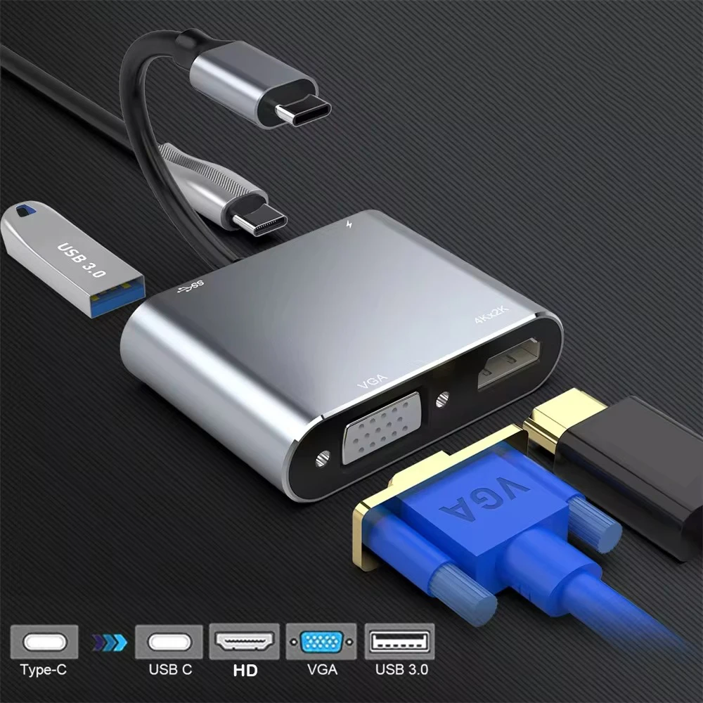 4K Type C to HDMI-compatible USB 3.0 VGA PD Adapter Multiport Adapter  Hub for Macbook Samsung Huawei Xiaomi