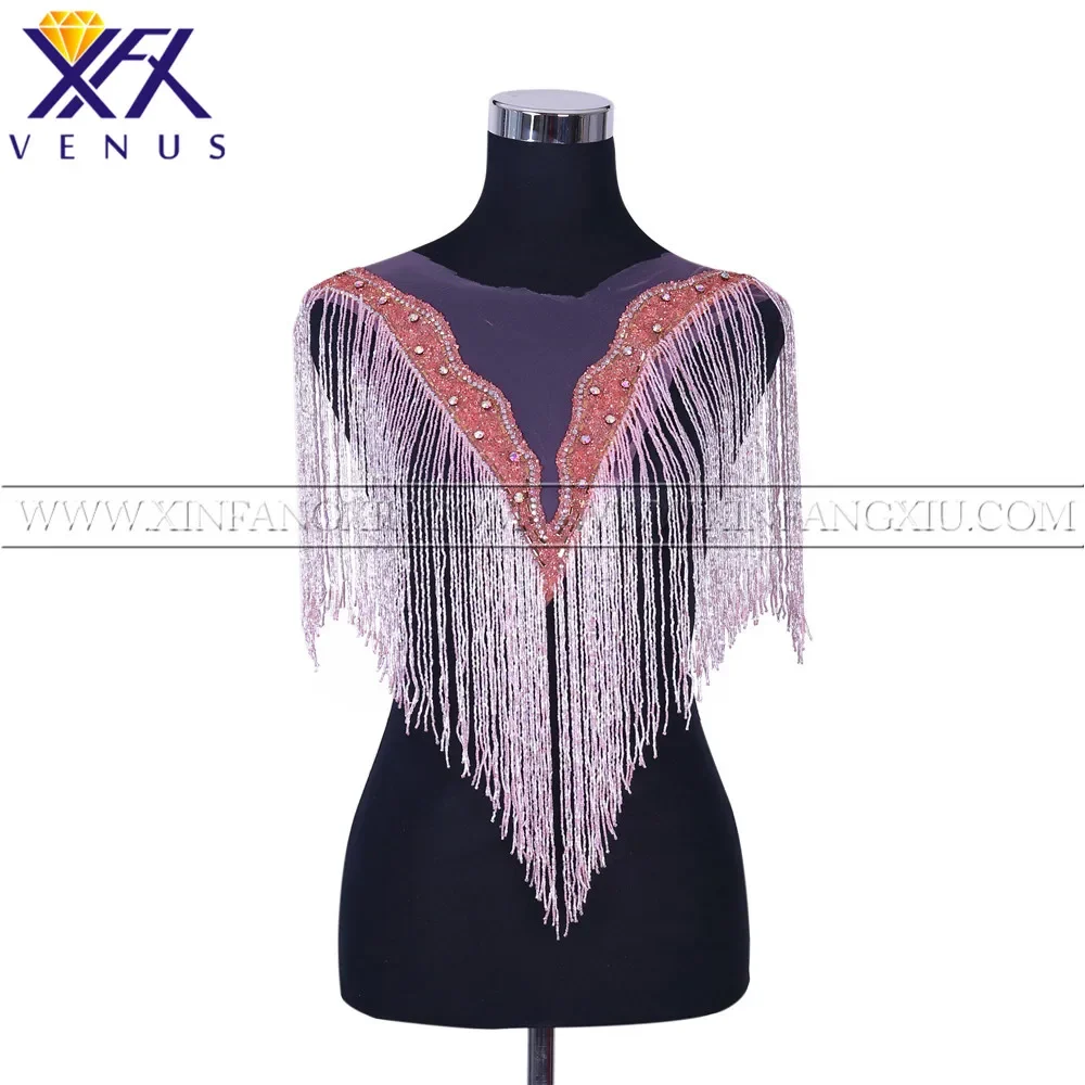 XFX Venus 1PCS Bodice Applique Rhinestone Tassel Beaded Patch Iron on Patches for Lady Party Wedding Dress Decoration Embroidery