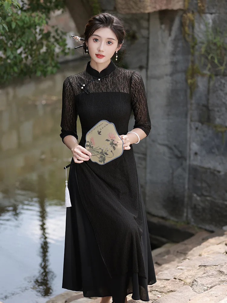 

FZSLCYIYI Summer Black Chiffon Young Girl Aodai Cheongsam Traditional Chinese Clothes Women Lace A-Line Qipao Skirt