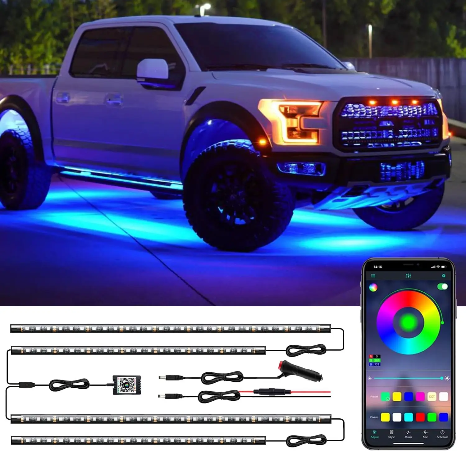 

LED Under Car Lights Kit, 16 Million Colors, APP & Remote, Music Sync, Waterproof, DC 12V