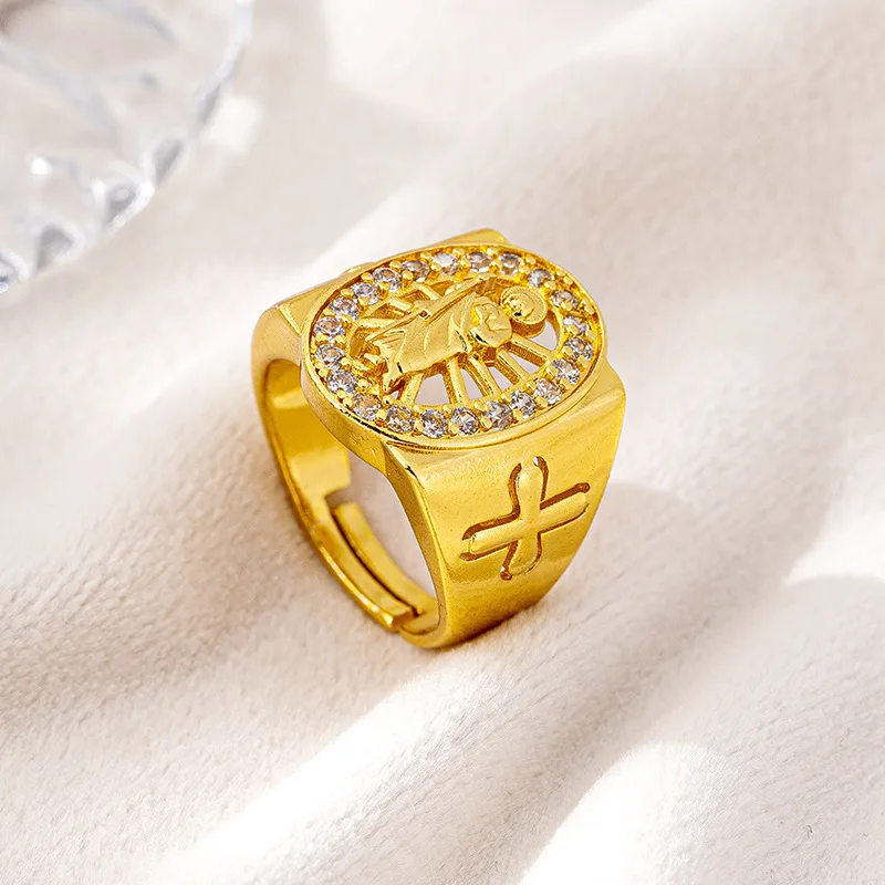 

Luxury 24K 9999 Pure Gold real goldWomen's Ring Adjustable Virgin Mary Diamond Ring