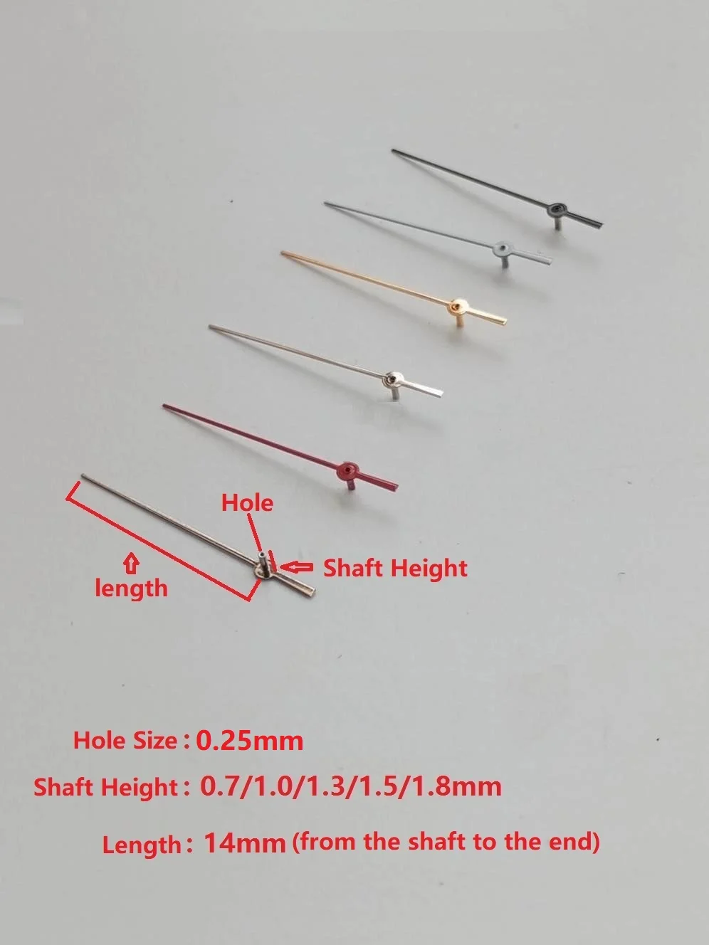 Manecilla de Segundero para Reloj con Orificio de 0.25mm, en Rojo, Blanco, Dorado, Negro y Plateado, con Diferentes Alturas de Eje de 0.7mm, 1.0mm, 1.3mm, 1.5mm y 1.8mm, para Reparación de Relojes