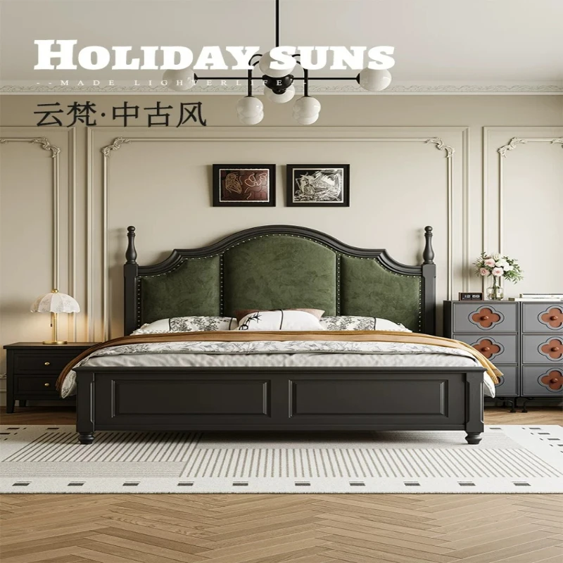 LH retro black solid wood bed flannel soft bag high box storage bed