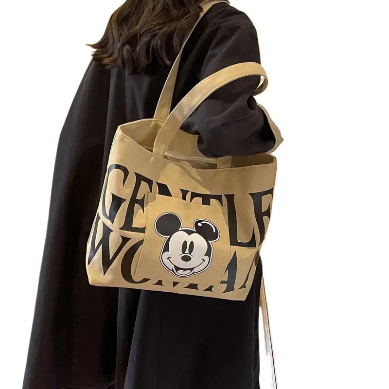 Disney Large Capacity Canvas Bag Women's 2024 New Trendy Cartoon Mickey Tote Bag College Student Class Shoulder Tote Bag