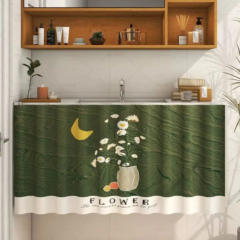 VIKAMA Moon Daisy Vase Bathroom Cabinet Curtain for Sink Vanity Cover Skirt Classic Aesthetic Hanging Home Decor