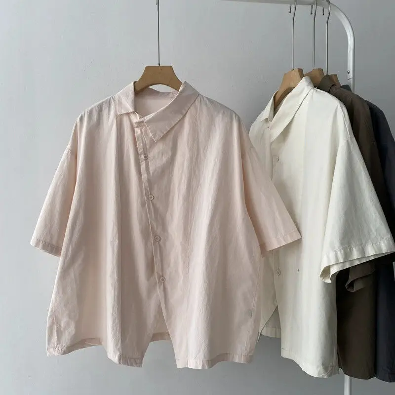 Japanese Short-sleeved Women's Shirt 2025 Summer Casual Simple Slash Placket Loose Blouse Versatile Thin Tops