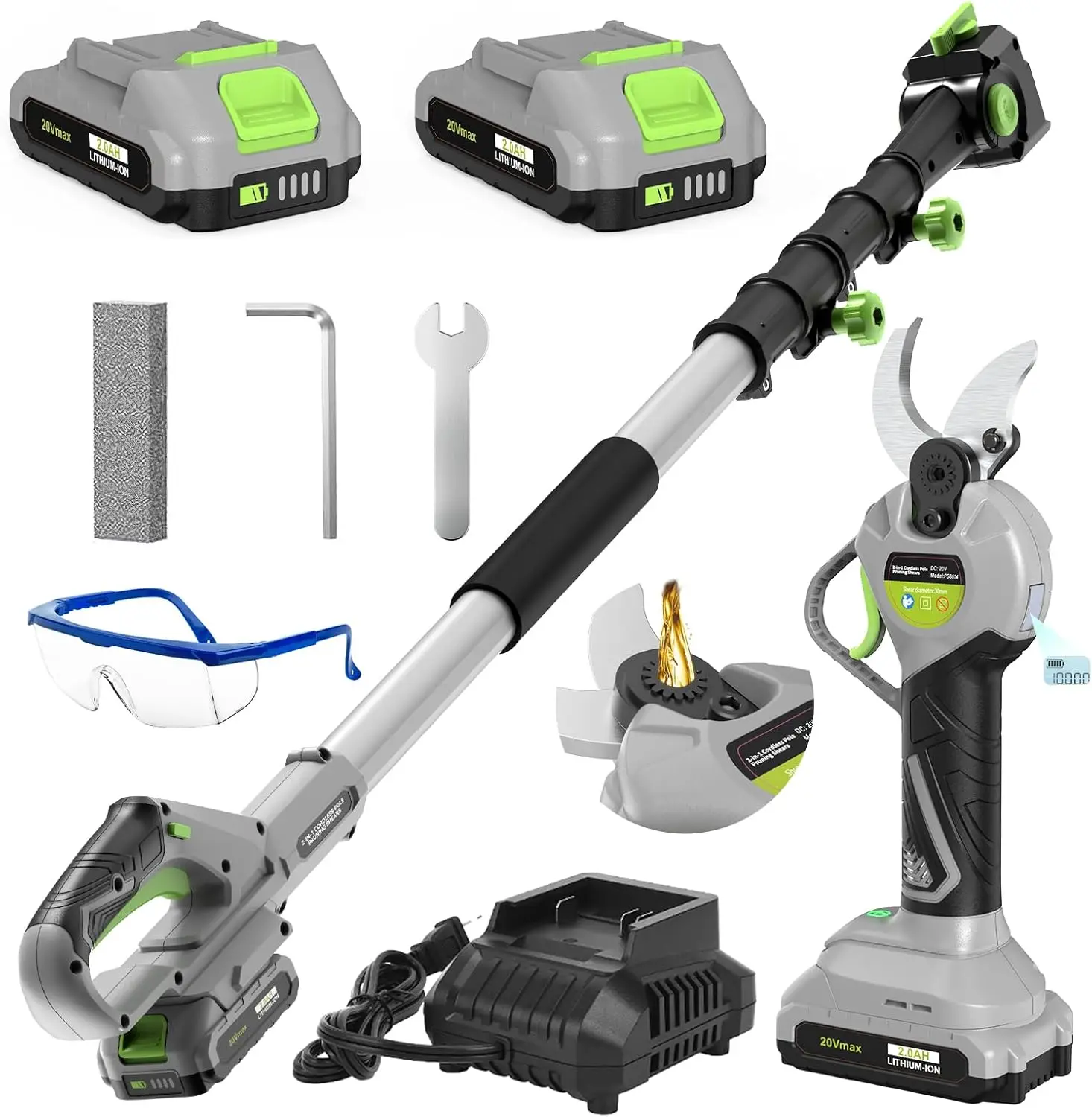 

Cordless Electric Pruning Shears LCD Display Extendable Pole Tree Trimming Two Batteries Goggles