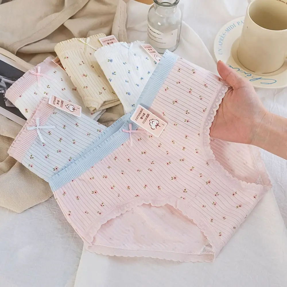 5Pcs Bowknot Lace Flower Panties Cotton Crotch Underpants Sweet Floral Briefs Mid Waist Lingerie Underwear for Women Lady