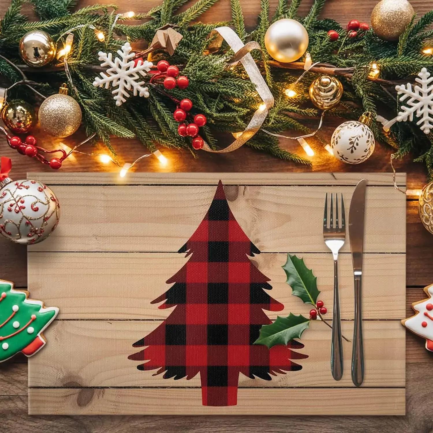 Merry Christmas Xmas Tree Wood Grain Table Mats for Kitchen Dining Decor Reusable Winter Holiday Placemats Navidad Decorations