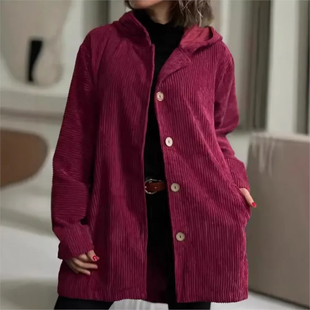 Women's Street Single Breasted Cardigan Jacket 2024 Women's New Style Hooded Loose Fitting Women's Corduroy Casual Coat Femme