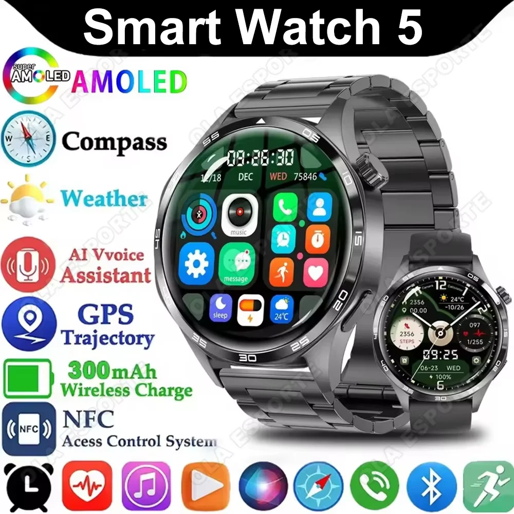

Новые смарт-часы Watch5 2026 года с GPS-трекером для мужчин, HD AMOLED-экран 360*360, NFC, Bluetooth-звонки, водонепроницаемые, мониторинг здоровья, мужские смарт-часы