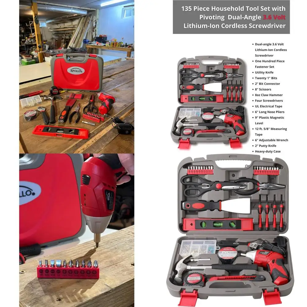 

135-Piece Home Tool Kit with 3.6V Dual-Angle Cordless Screwdriver - Essential Tools & Hanging Organizer - Red